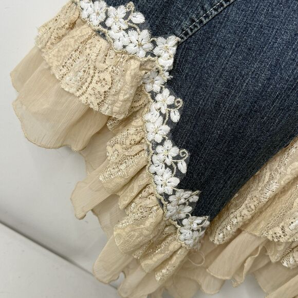 VTG Y2K Boho Fairycore Denim Ruffle Skirt Asymmetrical Lace Beaded Sz S Festival - Picture 7 of 14
